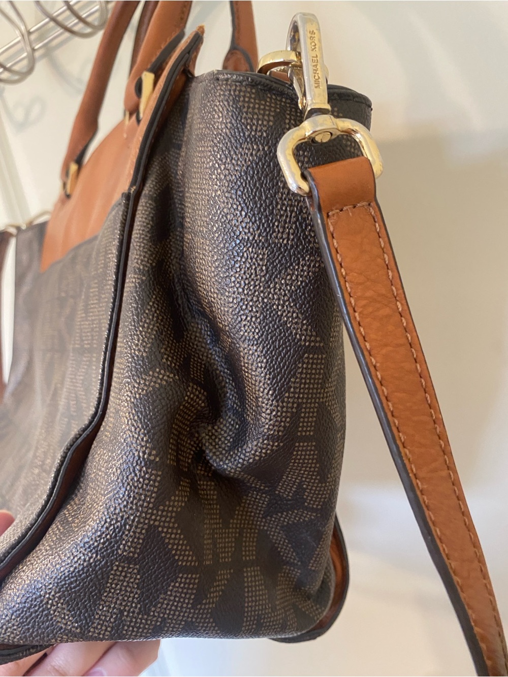 Michael Kors Brown & Tan MK Logo Satchel with Gold Accent - Picture 11 of 13